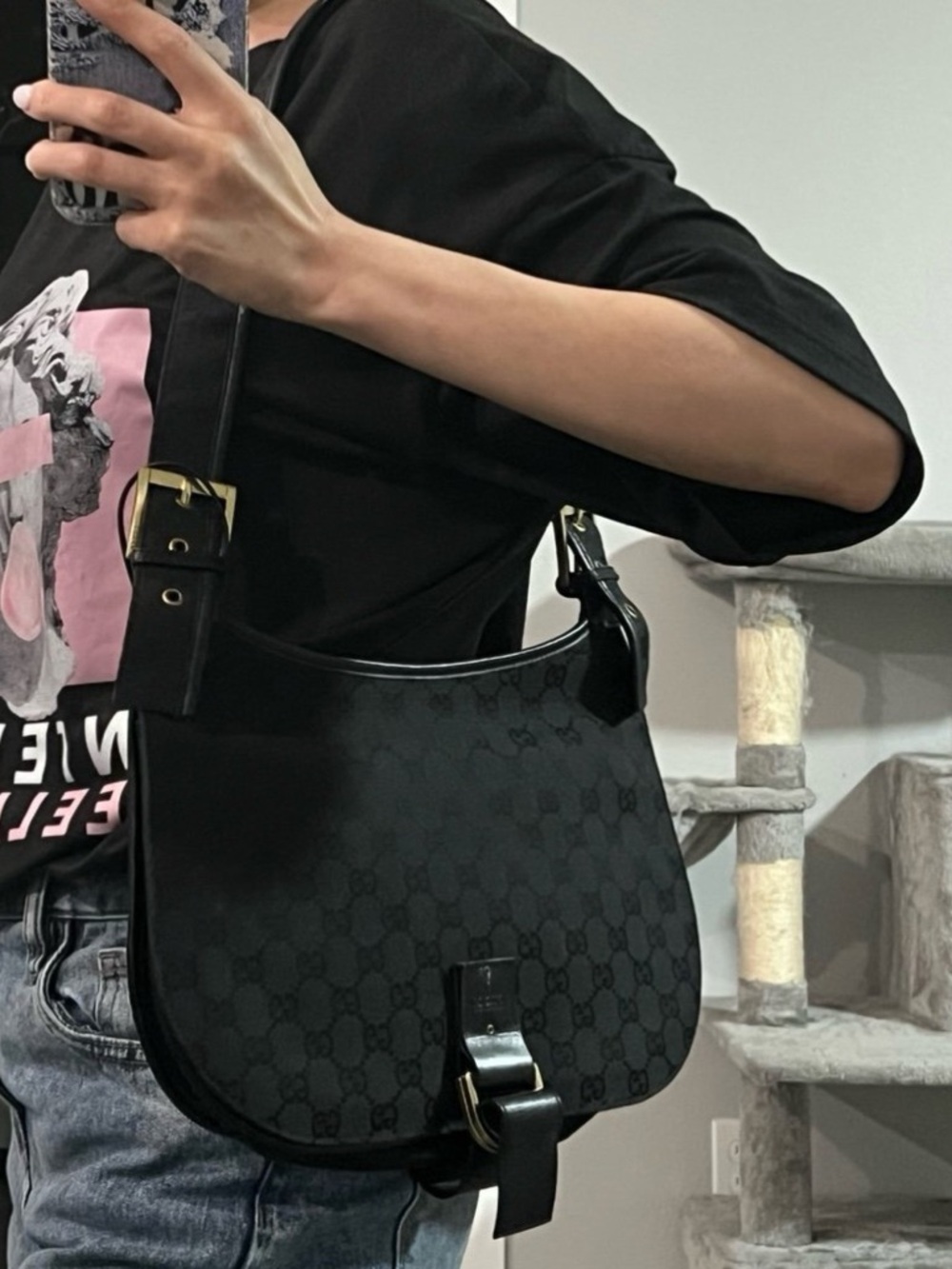 Gucci Black GG Monogram Shoulder Bag with Gold Hardware - Picture 11 of 11